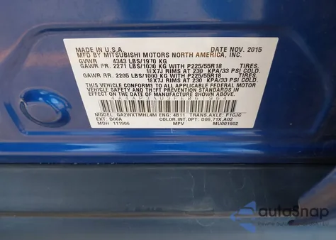 2015 Mitsubishi Outlander Sport Es from USA, damaged, VIN 4A4AP3AU3FE061964